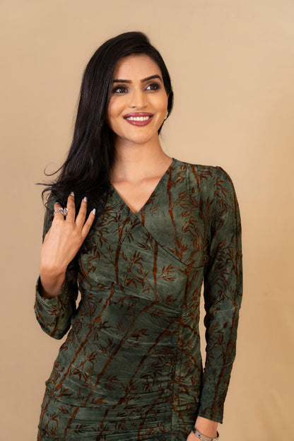 Olive Green Textured Bodycon Dress with Front Slit