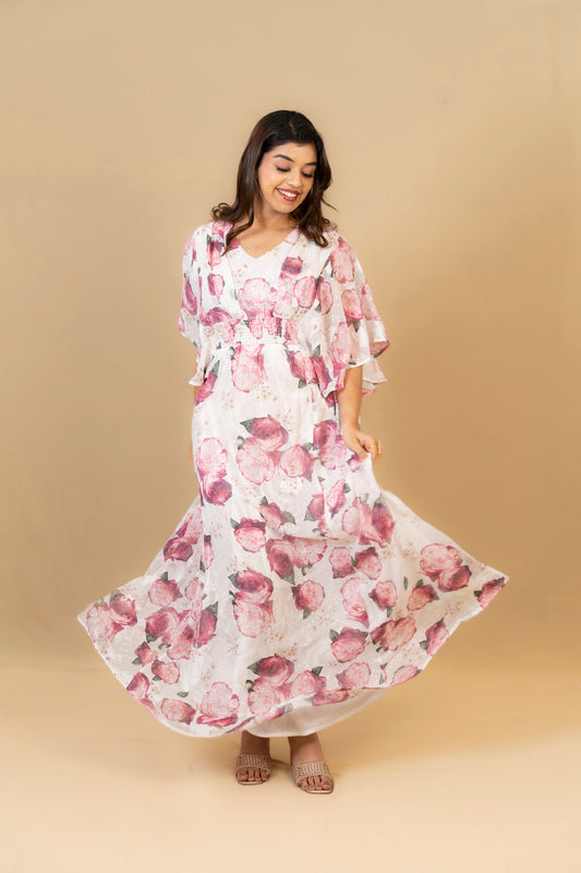 White Floral Printed Maxi Dress