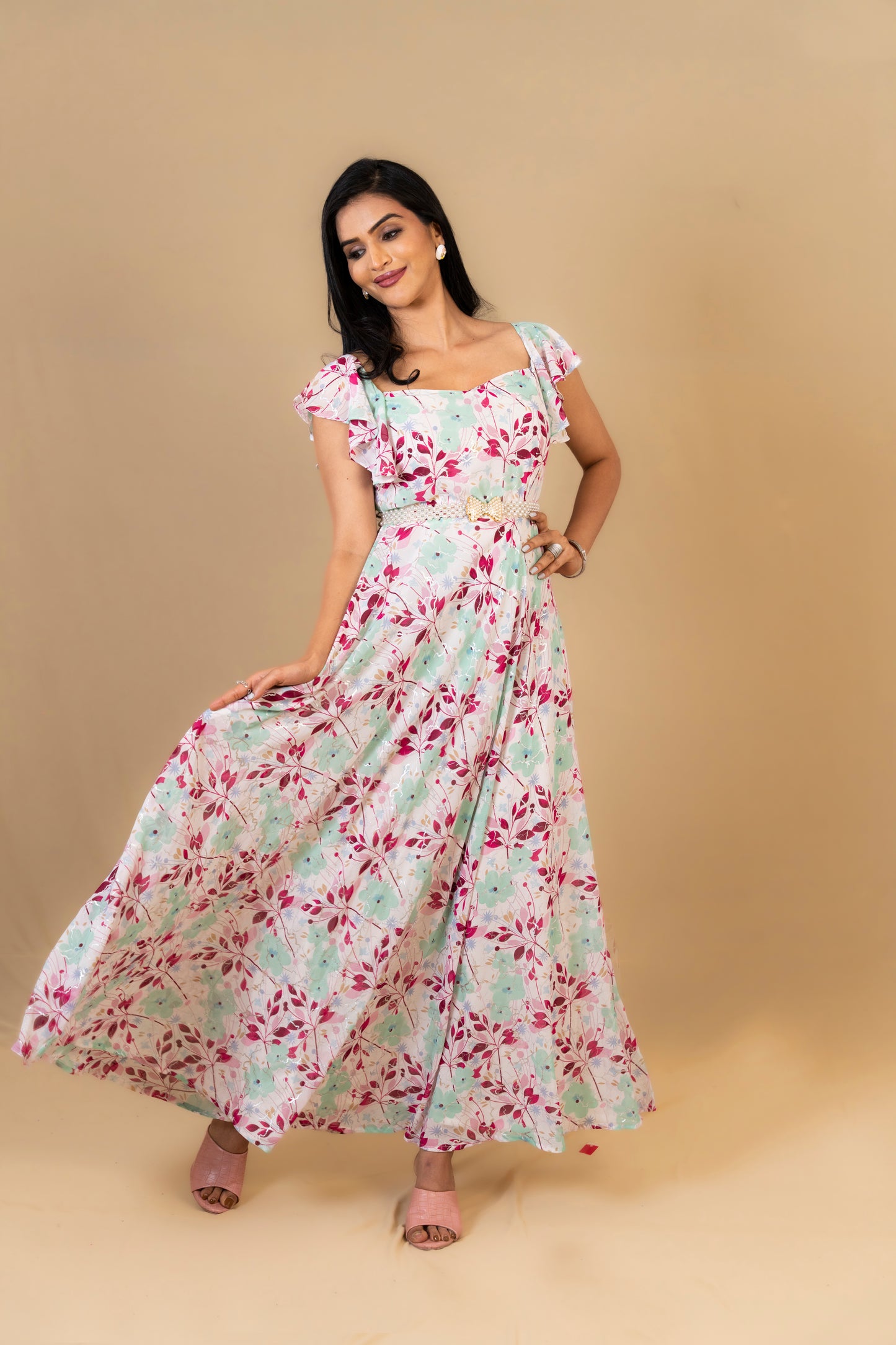 Pastel Floral Maxi Dress with Ruffle Sleeves