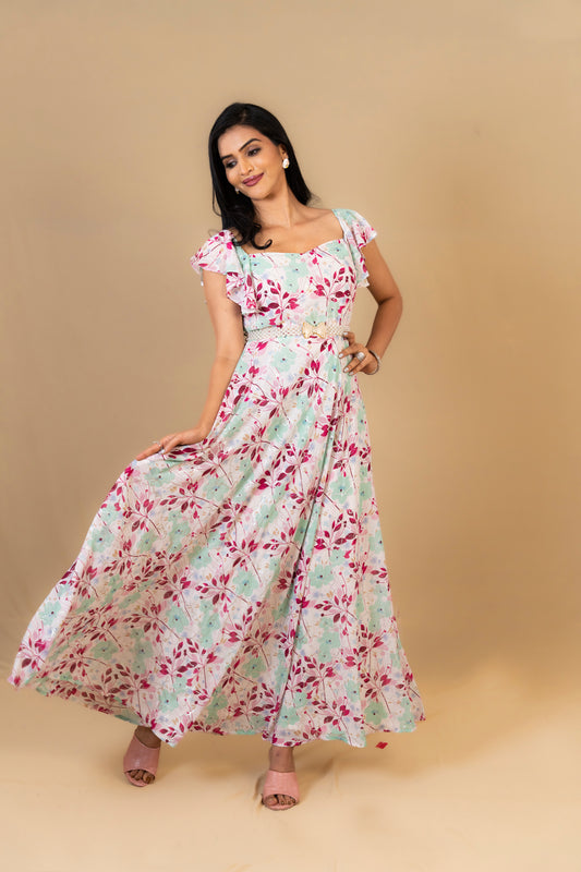Pastel Floral Maxi Dress with Ruffle Sleeves