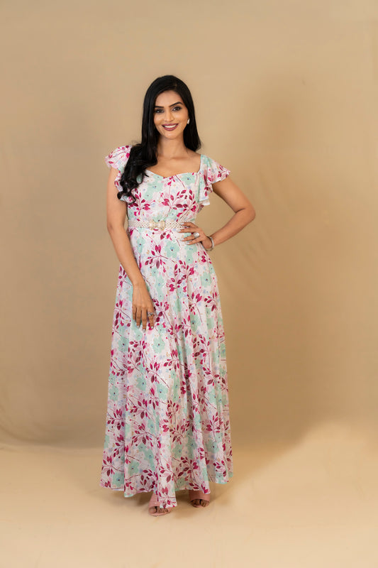 Pastel Floral Maxi Dress with Ruffle Sleeves