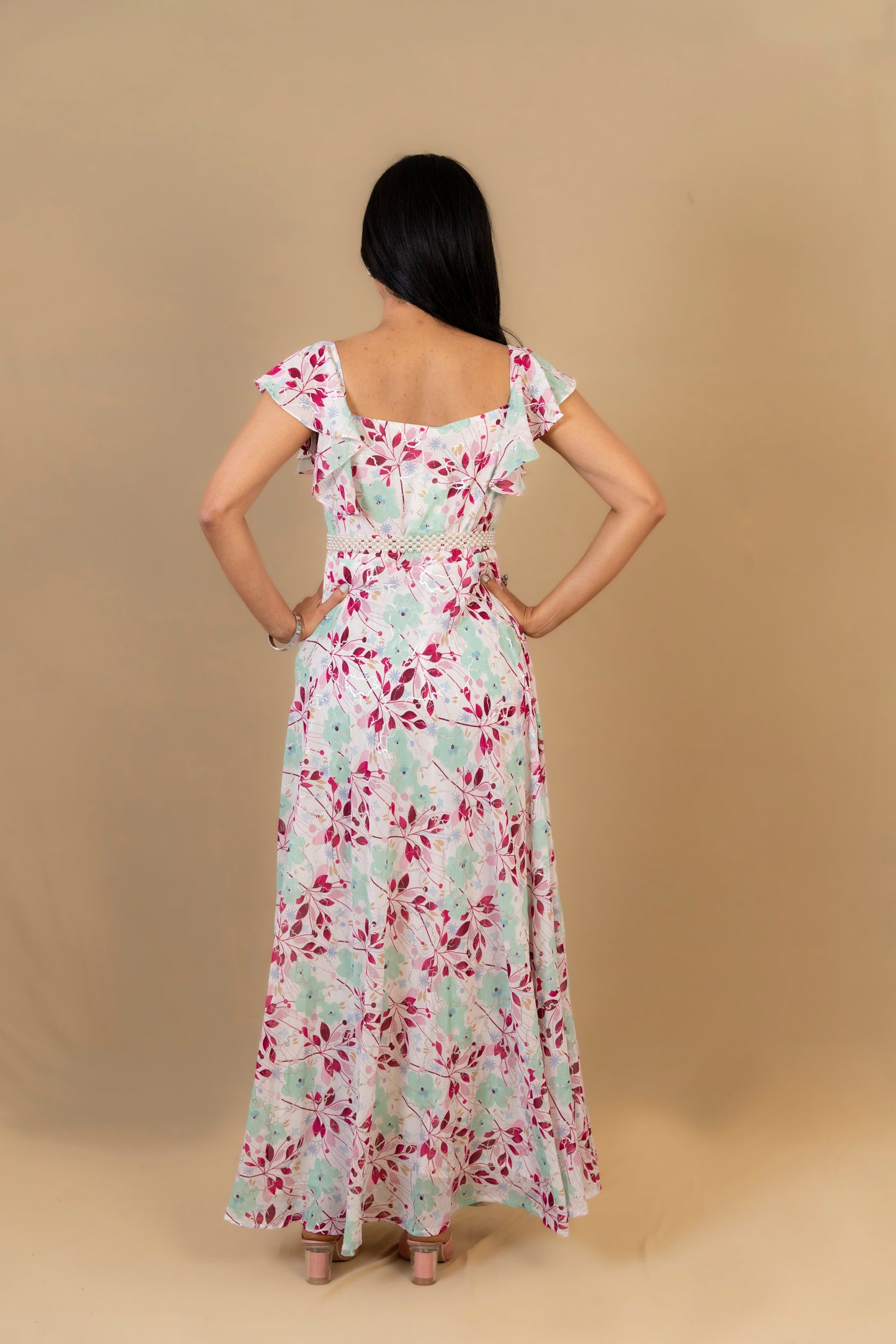 Pastel Floral Maxi Dress with Ruffle Sleeves