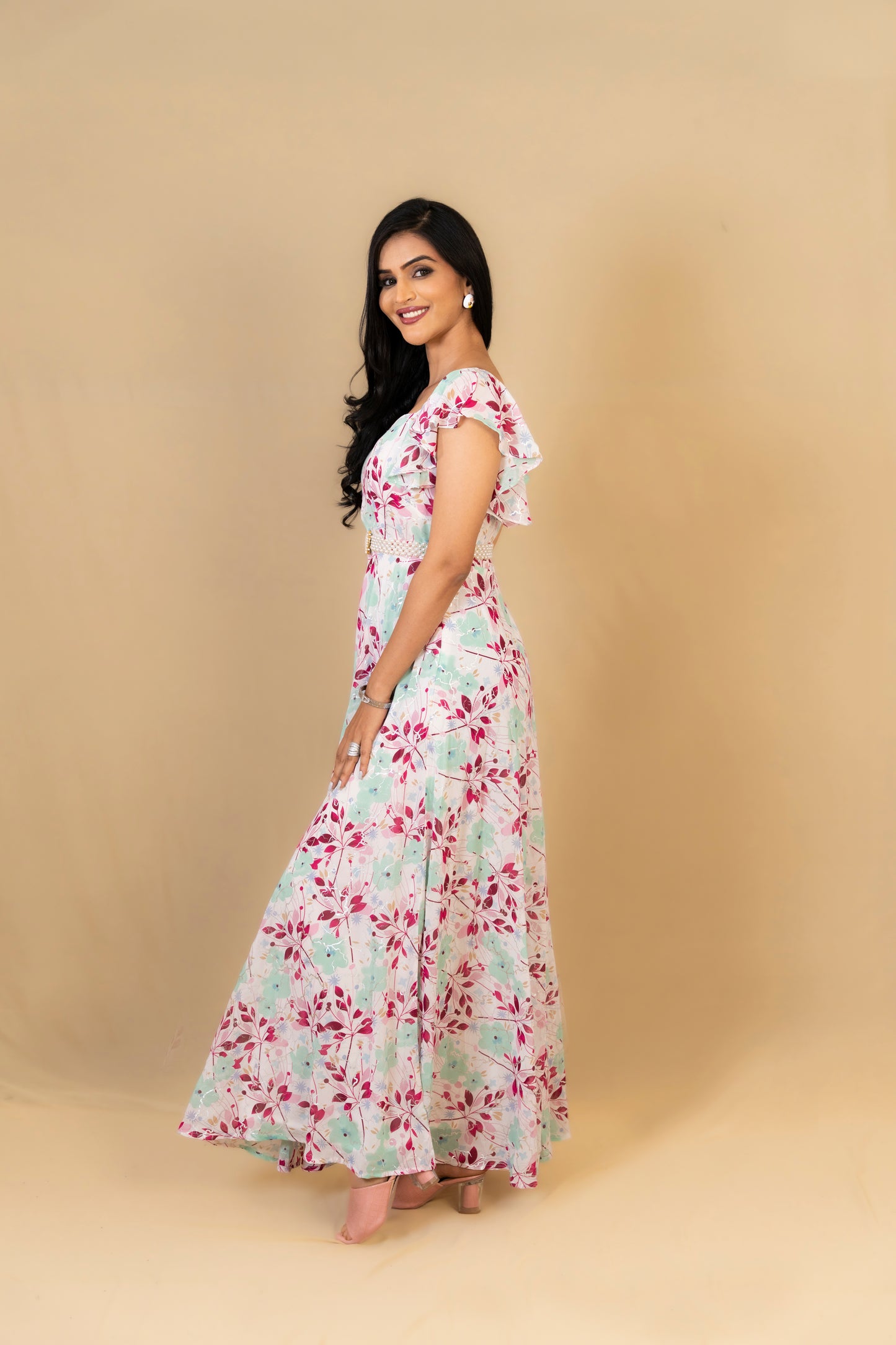 Pastel Floral Maxi Dress with Ruffle Sleeves