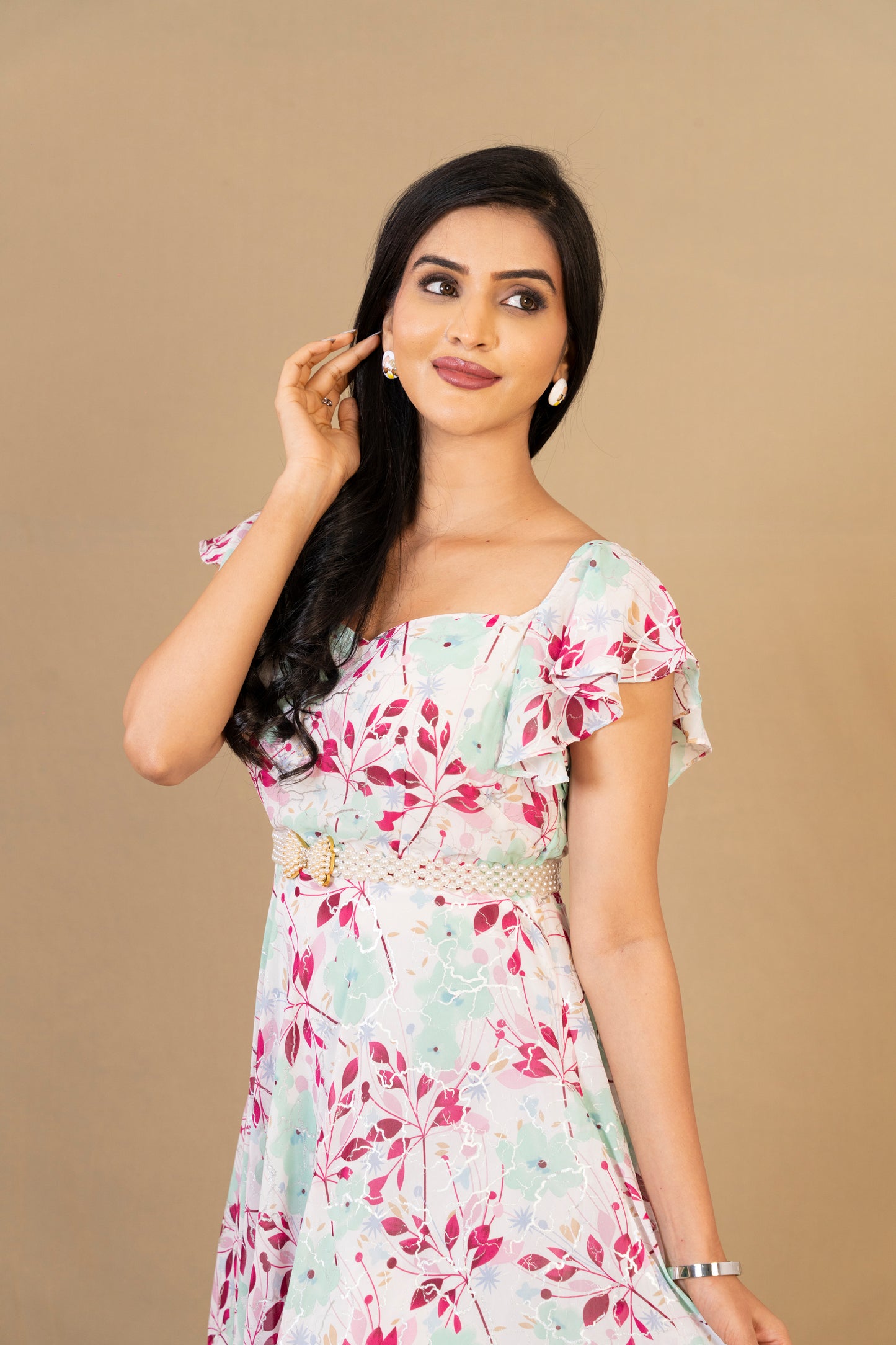 Pastel Floral Maxi Dress with Ruffle Sleeves