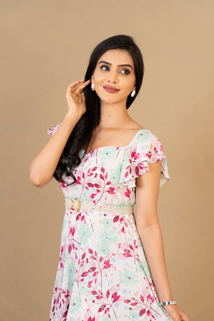 Pastel Floral Maxi Dress with Ruffle Sleeves