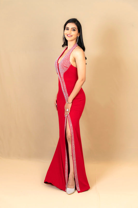 Red Embellished Halter Neck Gown