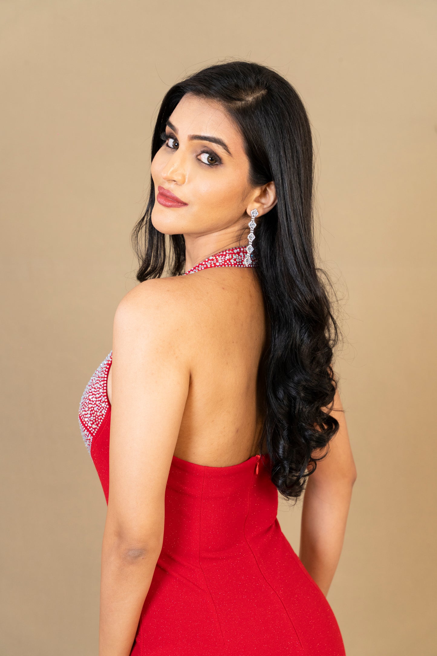 Red Embellished Halter Neck Gown