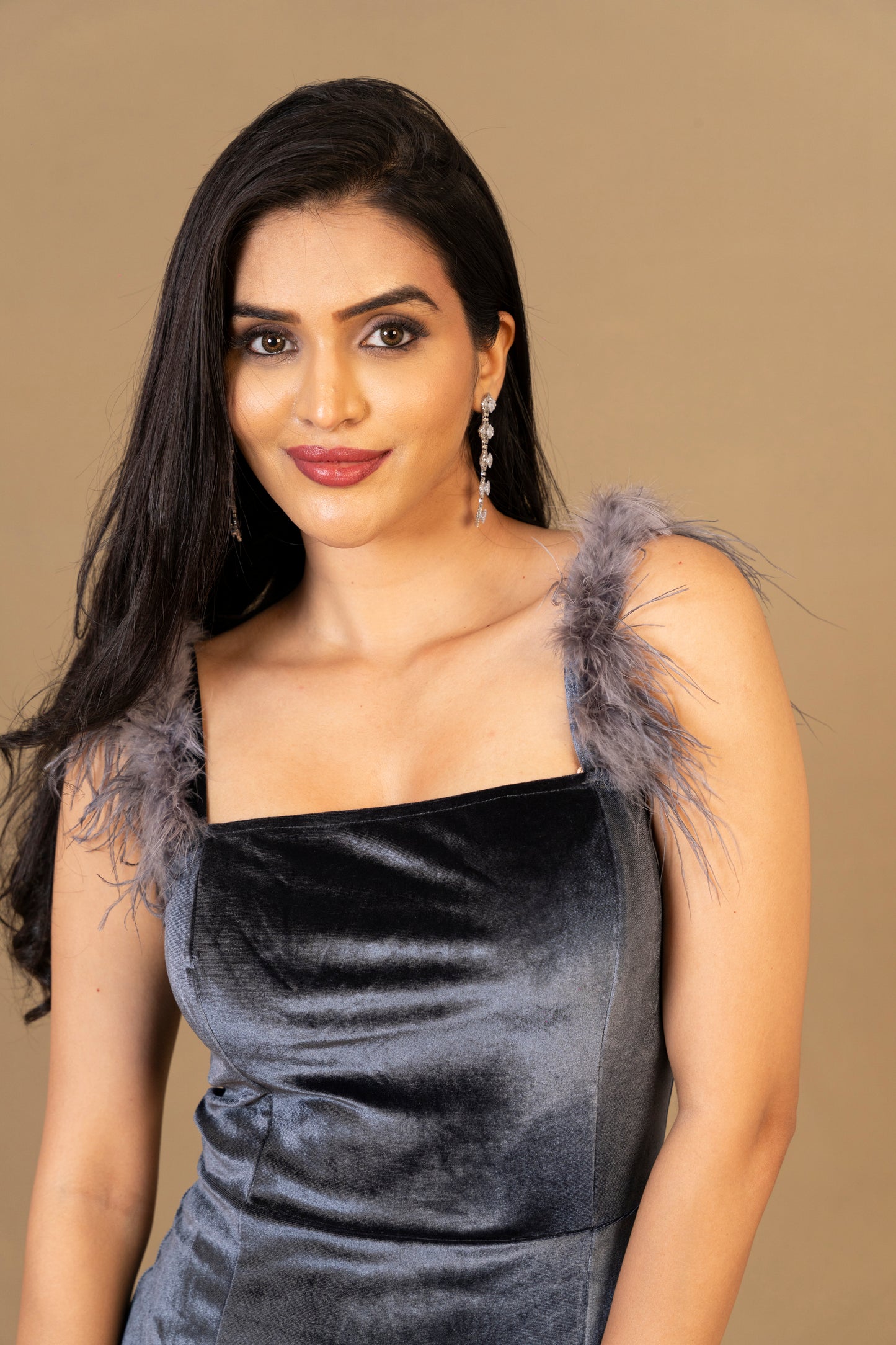Charcoal Grey Velvet Feather Strap Dress