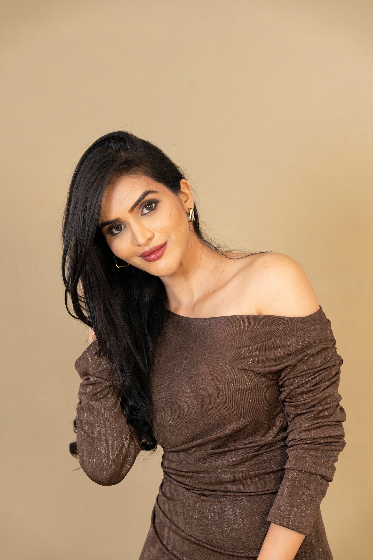 Coffee Brown Metallic Bodycon Dress