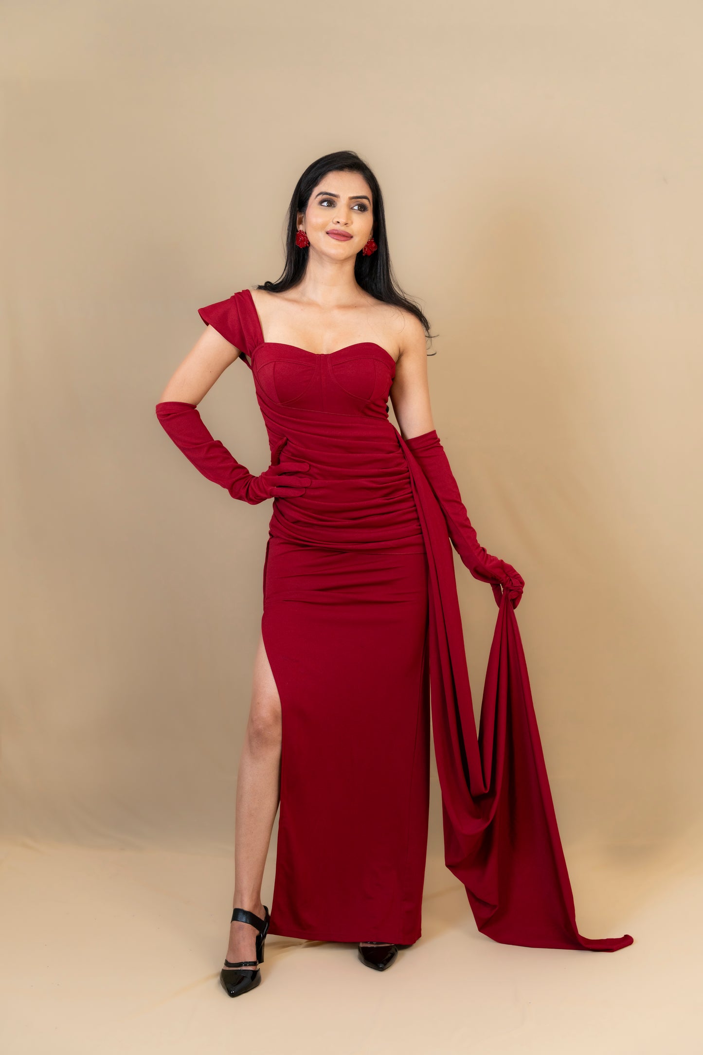 Wine Red Off-Shoulder Gown with Gloves