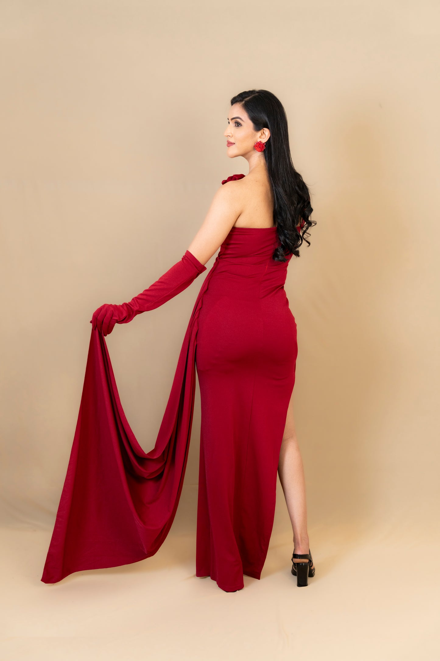 Wine Red Off-Shoulder Gown with Gloves