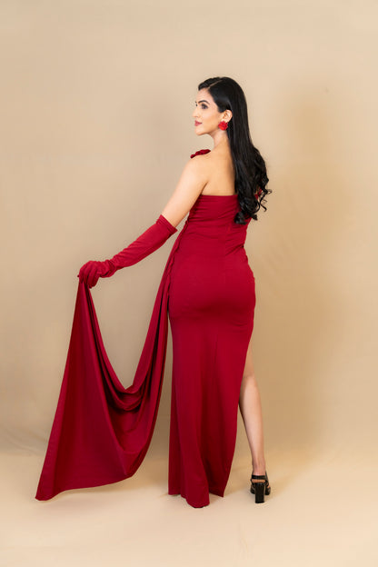 Wine Red Off-Shoulder Gown with Gloves