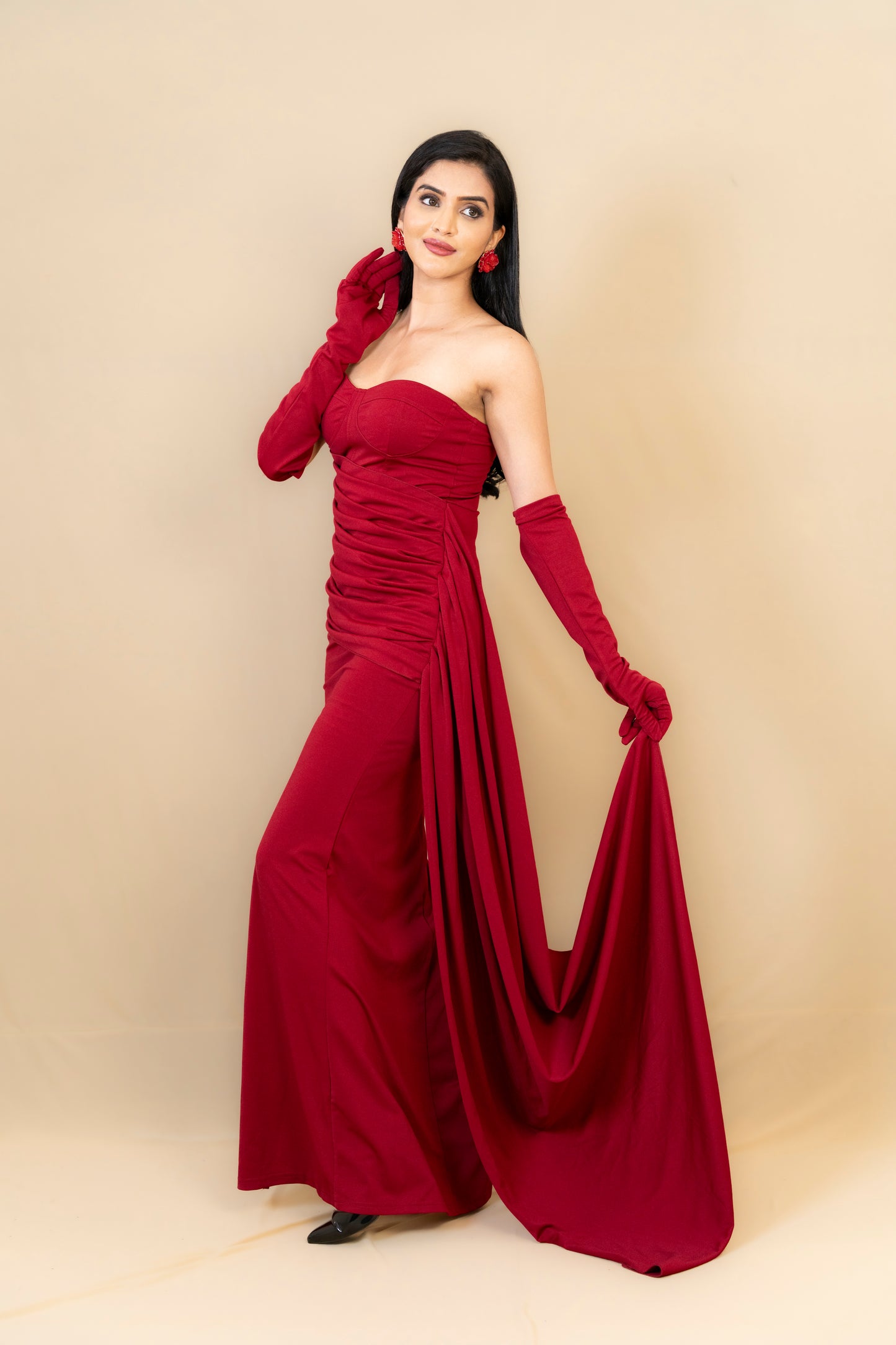 Wine Red Off-Shoulder Gown with Gloves
