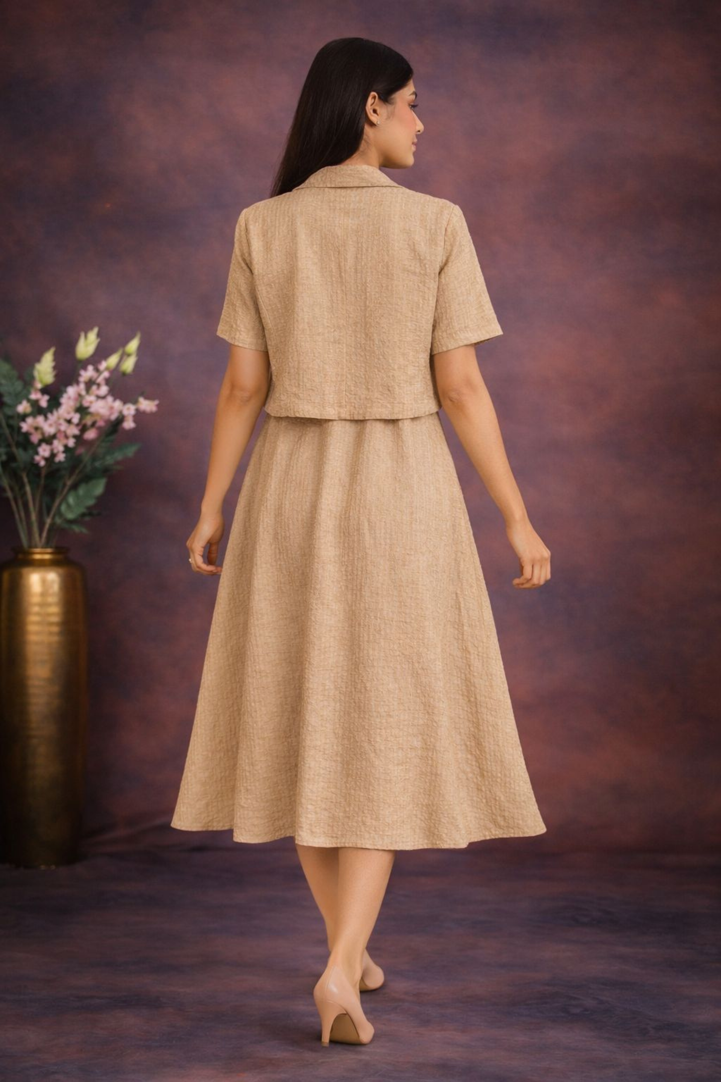 Pastel Summer Midi Dress Set Beige back 1