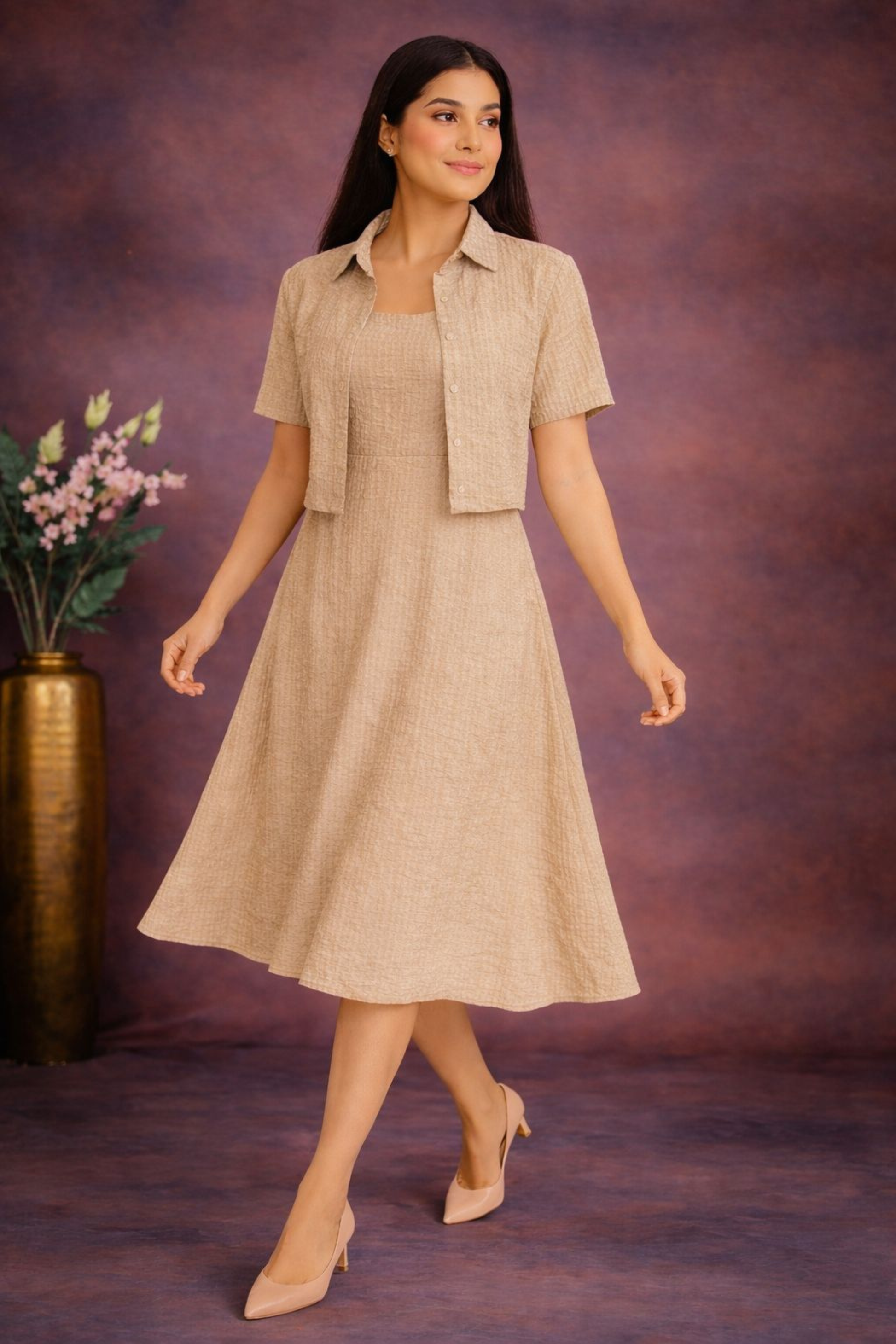 Pastel Summer Midi Dress Set Beige front1