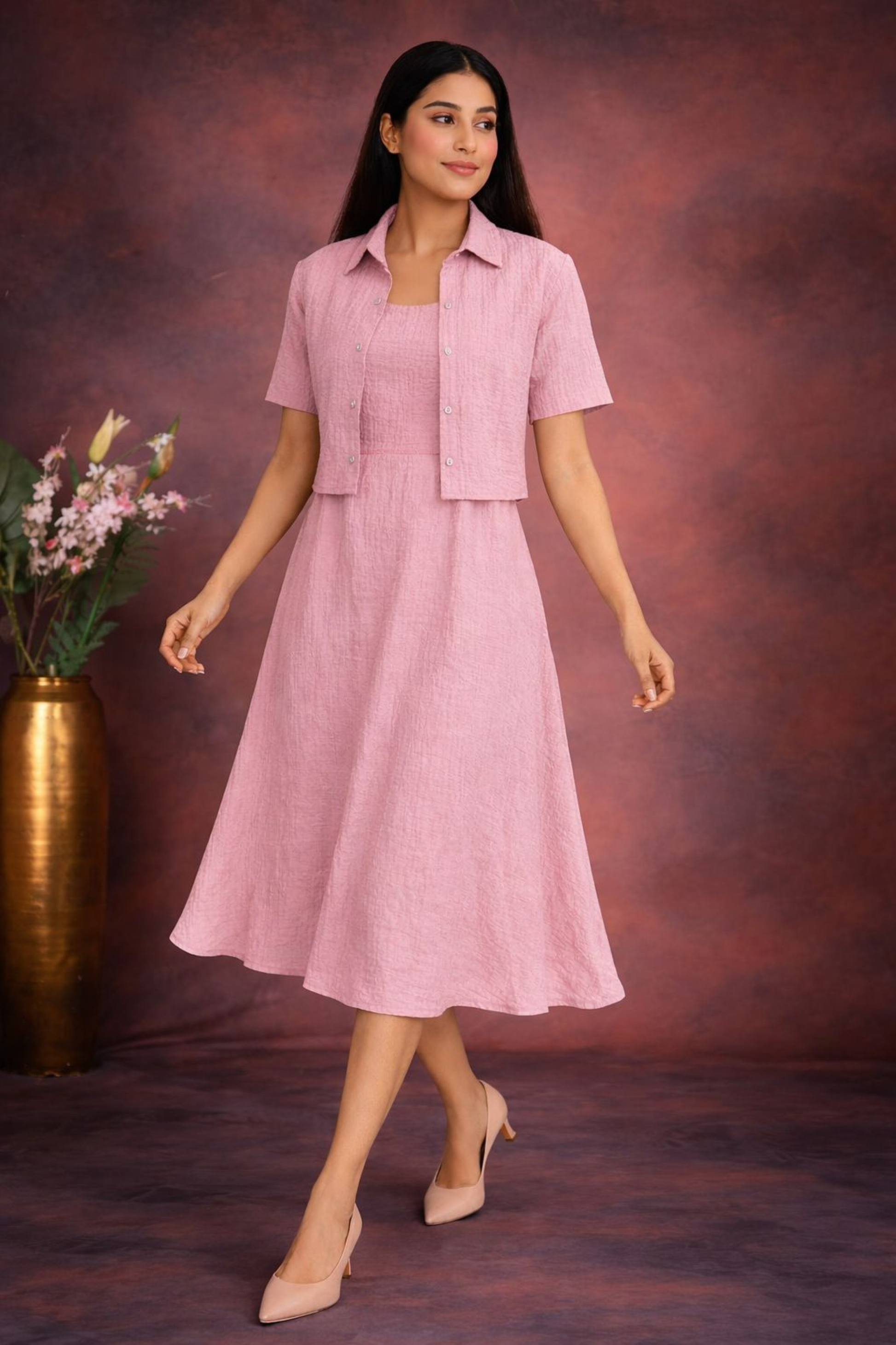 Pastel Summer Midi Dress Set pink front